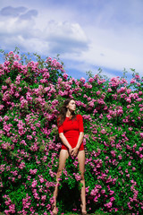 Wall Mural - Pretty girl among blossoming flowers