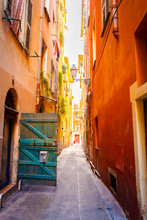 Narrow Street In Old Part Of Nice. Excellent French City With A Touch Of Provence.
