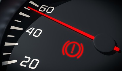 Wall Mural - Brake system warning light in car dashboard. 3D rendered illustration.