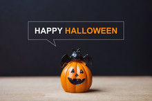 Happy Halloween Message, Pumpkin On Table Wood With Dark Wall Background, Halloween Concept.