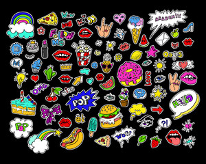 fashion modern doodle cartoon patch badges or stikers with speach bubbles