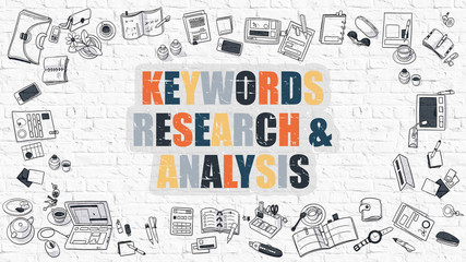 Wall Mural - multicolor keywords research and analysis on white brickwall.