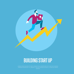 Wall Mural - Building start up banner with businessman running with startup project in hand on arrow graph, isolated vector illustration on blue background. From idea to realization and success concept.