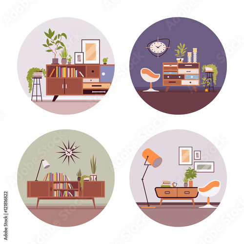 Fotografia, Obraz Se of retro interiors with a sideboard bookcase , ball chair, wallcloks, plants in a circle