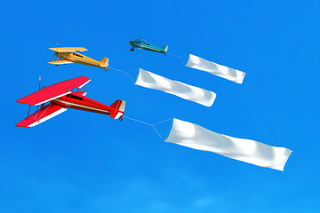 flying airplane and banner on blue sky. 3d illustration