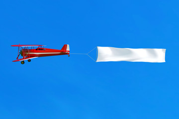 Flying airplane and banner on blue sky. 3D illustration