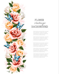 Fototapete - Holiday background with beautiful flowers and butterflies. Vecto