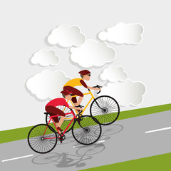 Sticker - flat design cyclist, with clouds background image vector illustration