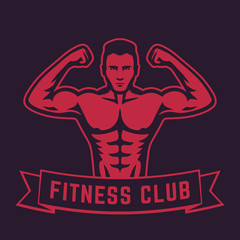 Sticker - Posing athlete, strong bodybuilder, man showing his biceps, fitness club logo, emblem element