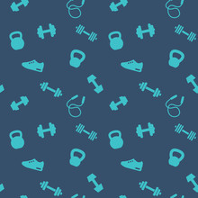 Seamless Pattern With Gym Icons, Dumbbells, Kettlebells, Jumping Rope, Running Shoe