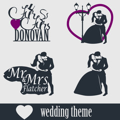 Wedding cake topper vector set. Wedding couple isolated silhouette.