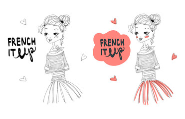 Wall Mural - French It Up Fashion Illustration Set with a Cute French Girl Wearing Blue Longsleeved Shirt and Pink Tutu, Lettering. Colorful and Sketch Fashion Print