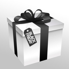 Black and white gift box, white black friday tag, light background