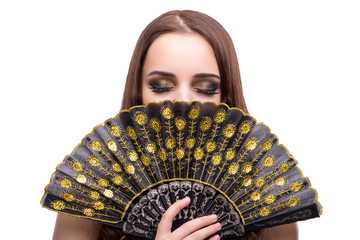 Wall Mural - Woman with fan isolated on white