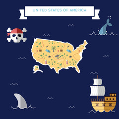 Flat treasure map of United States. Colorful cartoon with icons of ship, jolly roger, treasure chest and banner ribbon. Flat design vector illustration.