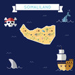 © Begin Again - Flat treasure map of Somaliland. Colorful cartoon with icons of ship, jolly roger, treasure chest and banner ribbon. Flat design vector illustration.