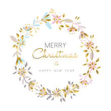 Merry Christmas And New Year Gold Flower Wreath