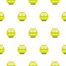 Cartoon Green Owls White Seamless Vector Pattern. Green And Yellow Owl Birds Background.