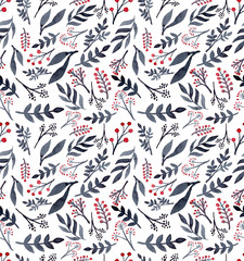  Seamless Pattern With Watercolor Red Berries And Black Leaves