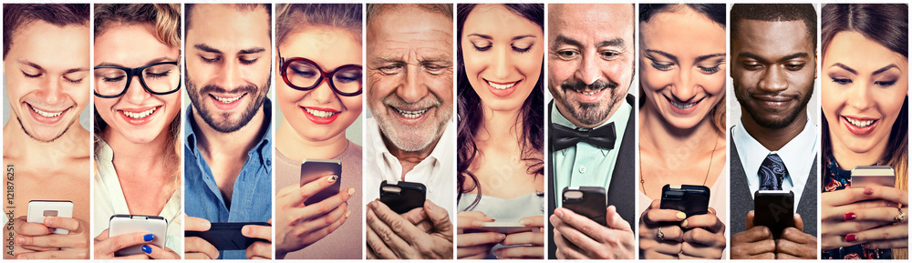 Happy people using mobile smart phone - obrazy, fototapety, plakaty 