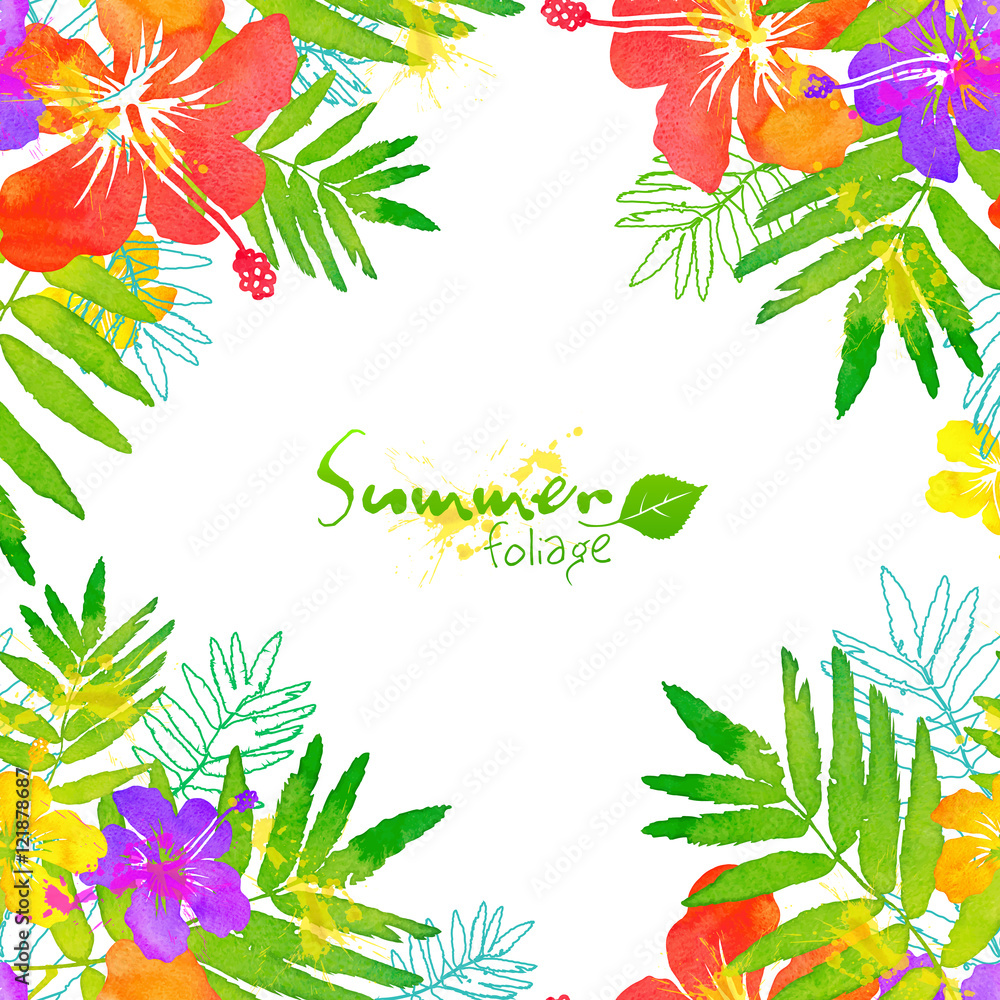 Bright tropical flowers vector summer frame on white background Stock ...