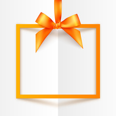 Orange vector gift box frame with silky bow and ribbon on white folded paper background