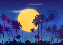Big Yellow Moon With Dark Palms Silhouettes On Purple Sky, Vector Night Landscape Background