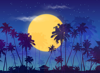 Wall Mural - Big yellow moon with dark palms silhouettes on purple sky, vector night landscape background