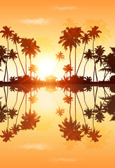 Wall Mural - Orange sky vector palms silhouettes with reflection
