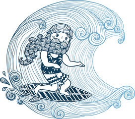 Wall Mural - Vector doodle surfer with long beard at short board in curly wave