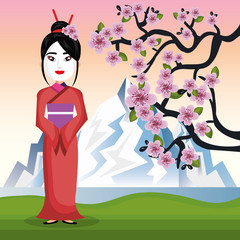 Wall Mural - girl japanese kimono welcome japan icon vector illustration