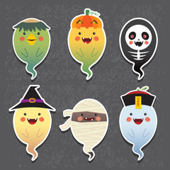 Wall Mural - Set of collection of cute ghost with different cosplay: kappa (river imp), jack o lantern, skeleton, witch, mummy and chinese zombie. Cartoon halloween ghosts vector icon set.