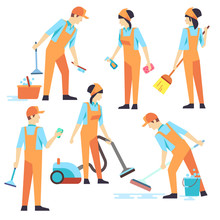 Cleaning Staff In Different Positions. Vector Illustration