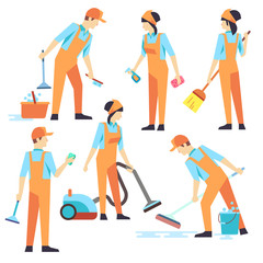 Sticker - Cleaning staff in different positions. Vector illustration