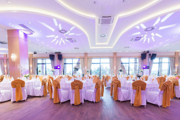 Wedding hall or other function facility with colorful ceiling li