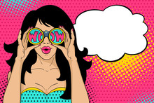 Wow Pop Art Face. Sexy Surprised Woman With Open Mouth Holding Binoculars In Her Hands With Inscription Wow In Reflection And Speech Bubble. Vector Colorful Background In Pop Art Retro Comic Style.