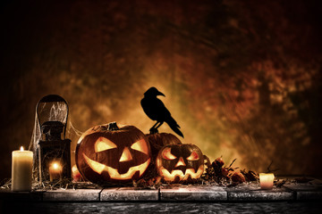 Halloween Pumpkin on old wooden table