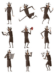 Vector set of cartoon image of a spies in black coats, hats and sunglasses performing different actions with different attributes in the hands on a white background. Big brother is watching you.