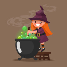 Happy Halloween. Little Witch Preparing A Potion. Vector Illustr