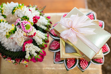 thai dowry tray decorated with flower garland (soft focus)