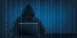 Concept du piratage informatique avec un hacker qui récupère des données confidentielles en camouflant son visage sous une capuche.