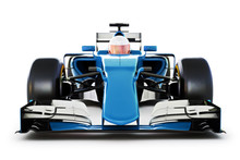 Blue Race Car And Driver Front View On A White Isolated Background.Generic 3d Rendering