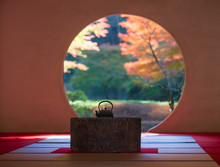 Japanese Traditonal Architecture And Garden In Beautiful Autumn Season..