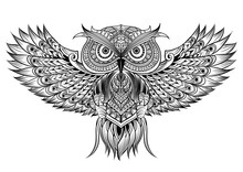 Vector Hand Drawn Owl. Black And White Zentangle Art. Ethnic Pat