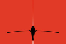 Tightrope Walker Walking And Balancing On The Wire With A Long Pole. He Is Taking Risk And Challenging Himself Doing The Stunt. Simple Vector Background With Copy Space.