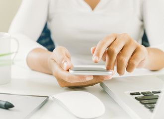 Aufkleber - close up woman hand use finger touching on phone, new modern sty
