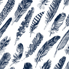 Canvas Print - seamless pattern with hand drawn feathers