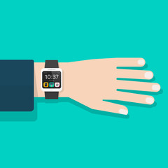Wall Mural - man hand with smart watch vector illustration isolated, black digital clock on business man wrist, f