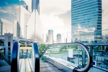 Escalator with cityscape in background of China.