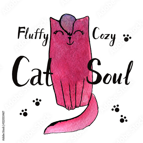 cartoon-and-funny-watercolor-cat-with-the-quote-fluffy-cozy-cat-soul